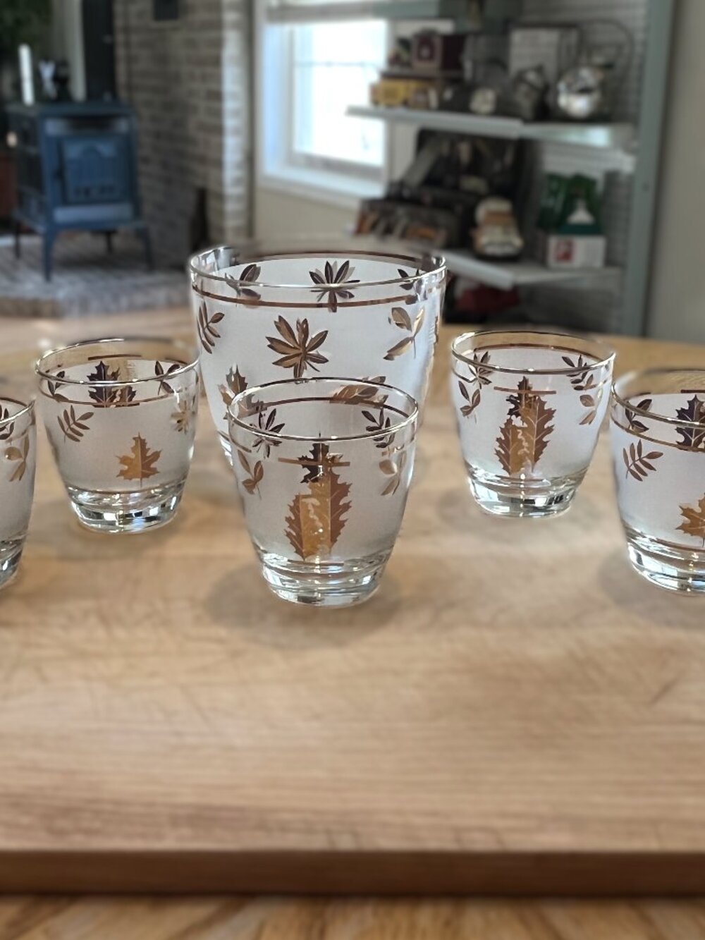 Vintage Libbey Golden Foliage Frosted Gold Leaf Barware – 7 Glasses & Ice Bucket